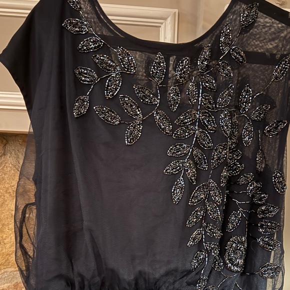 JS Collections Navy Blue Beaded Leaf Chiffon Trumpet Gown Size 14 Orig $298 - Picture 1 of 3
